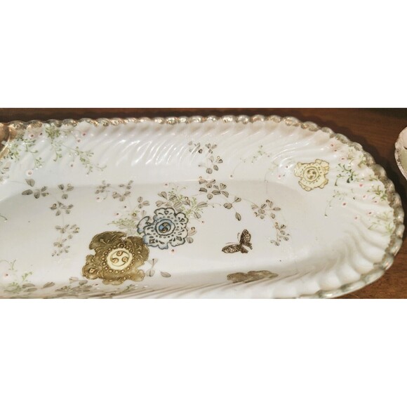 Antique Fine Bone China Serving Dish, w scalloped sides, real gold guilt flowers - Picture 2 of 12